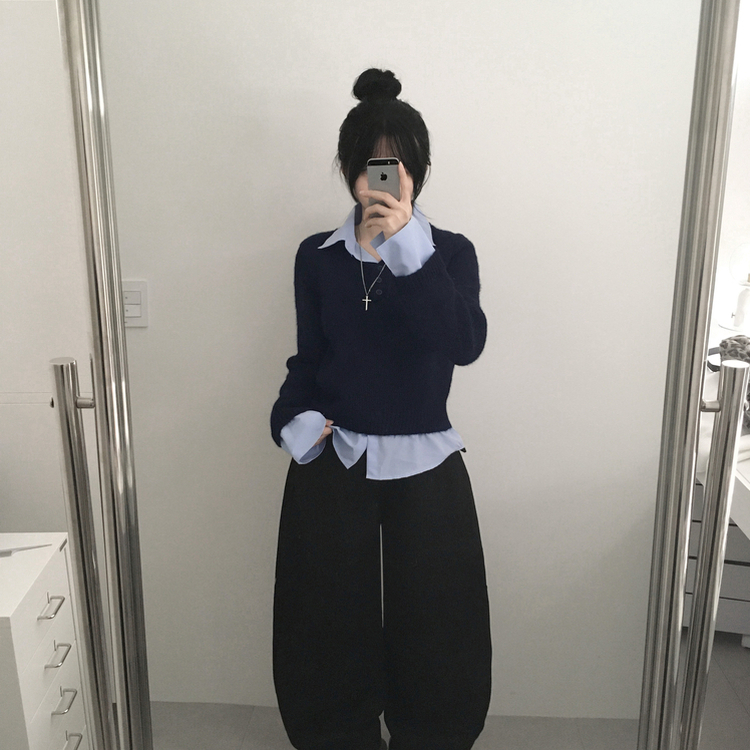 シャツボタンレイヤードニット NAVY