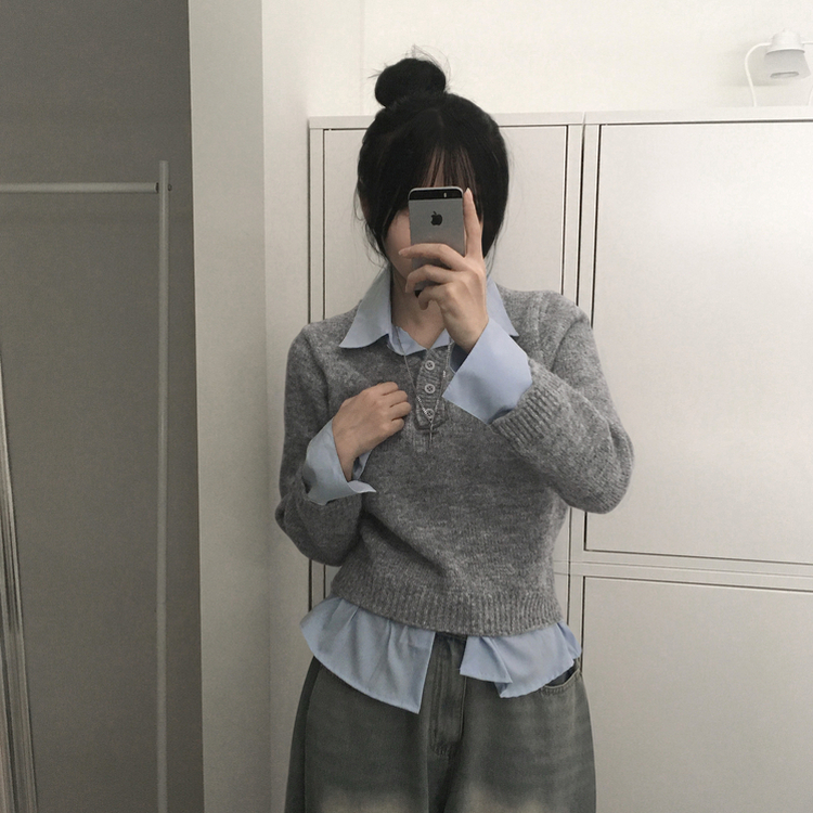 シャツボタンレイヤードニット GREY