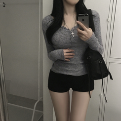 ボタンリブグラム長袖Tシャツ(5color) CHARCOAL