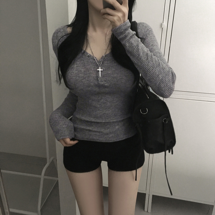 ボタンリブグラム長袖Tシャツ(5color) CHARCOAL