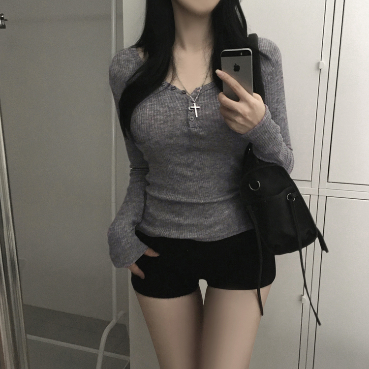 ボタンリブグラム長袖Tシャツ(5color) CHARCOAL