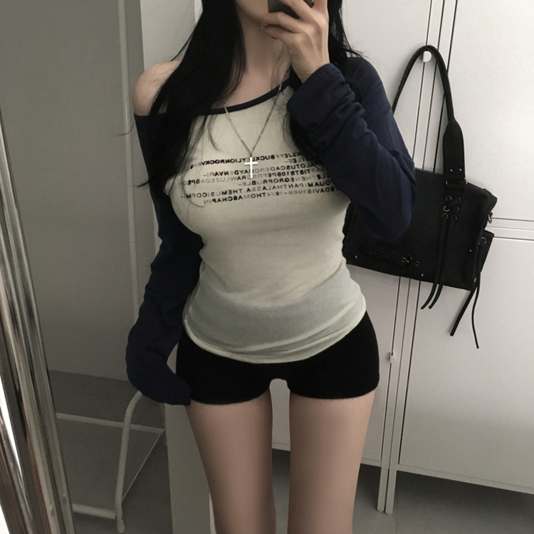 ラグランレタリングシースルーTシャツ NAVY