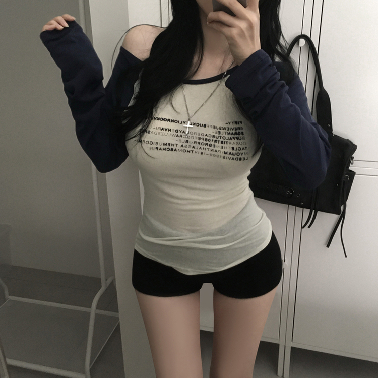 ラグランレタリングシースルーTシャツ NAVY