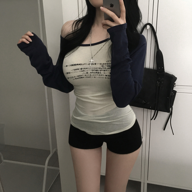 ラグランレタリングシースルーTシャツ NAVY