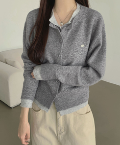 울 펜던트 고퀄 배색 레이어드 가디건 그레이