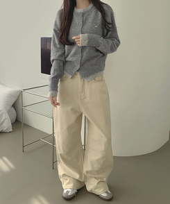 울 펜던트 고퀄 배색 레이어드 가디건 그레이