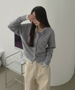 울 펜던트 고퀄 배색 레이어드 가디건 그레이