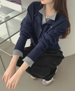 울 펜던트 고퀄 배색 레이어드 가디건 네이비