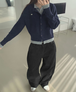 울 펜던트 고퀄 배색 레이어드 가디건 네이비