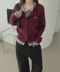 울 펜던트 고퀄 배색 레이어드 가디건 버건디