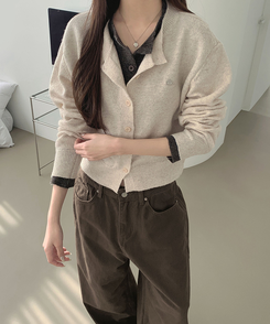 울 펜던트 고퀄 배색 레이어드 가디건 연베이지