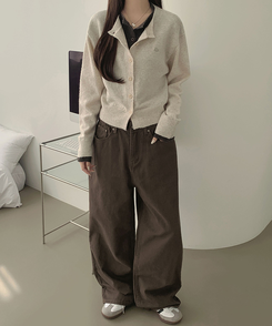 울 펜던트 고퀄 배색 레이어드 가디건 연베이지