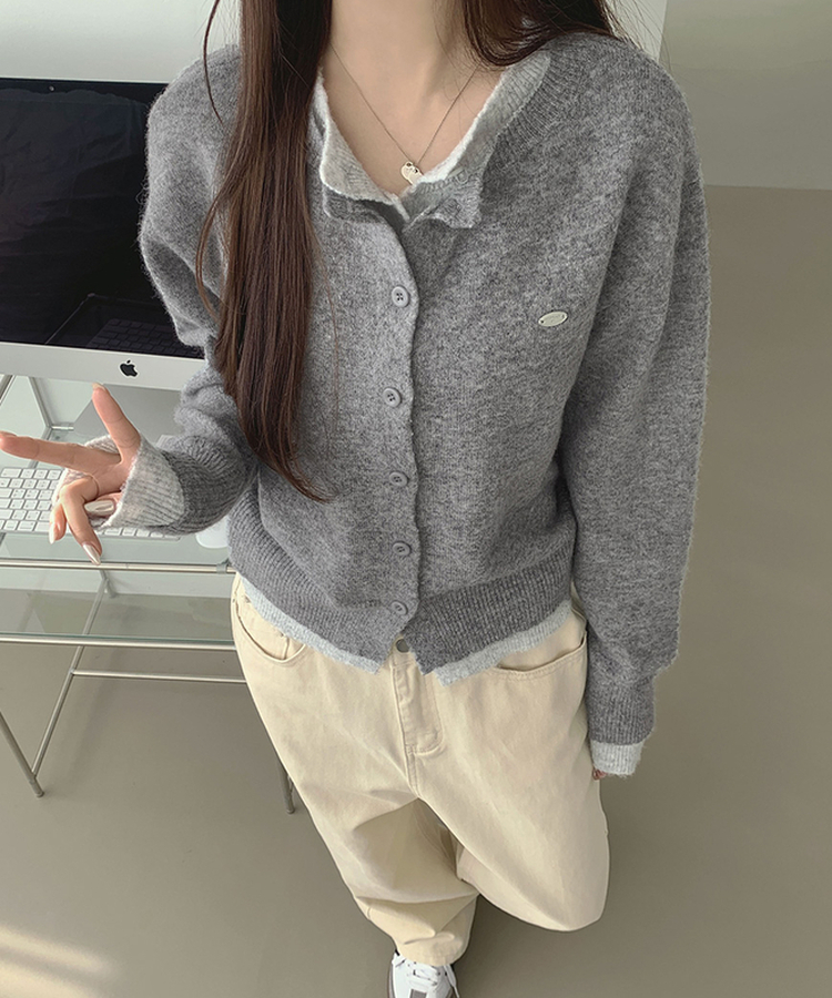 울 펜던트 고퀄 배색 레이어드 가디건 그레이