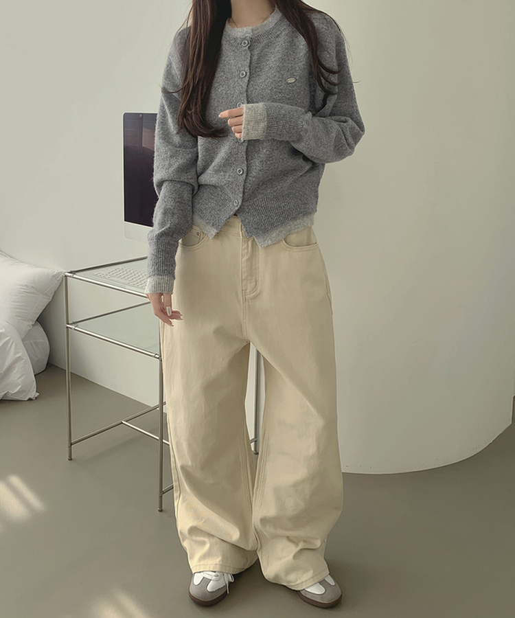 울 펜던트 고퀄 배색 레이어드 가디건 그레이