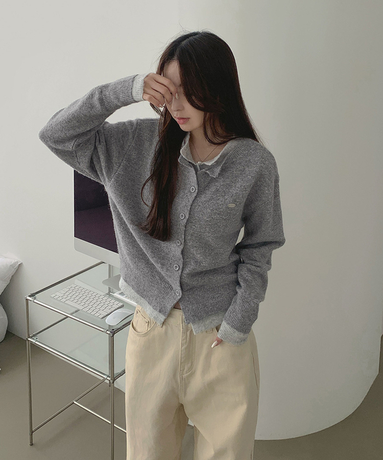 울 펜던트 고퀄 배색 레이어드 가디건 그레이
