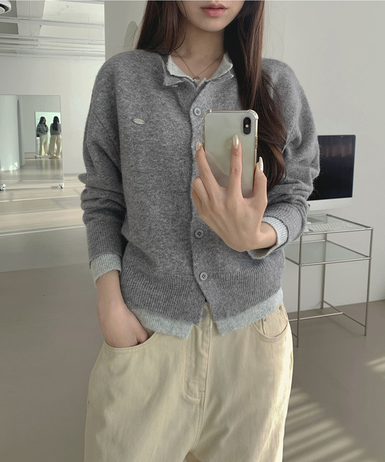 울 펜던트 고퀄 배색 레이어드 가디건 그레이