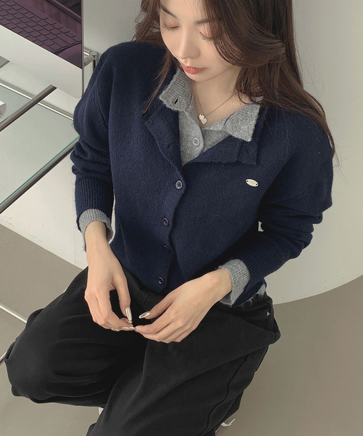 울 펜던트 고퀄 배색 레이어드 가디건 네이비