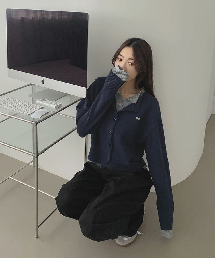 울 펜던트 고퀄 배색 레이어드 가디건 네이비