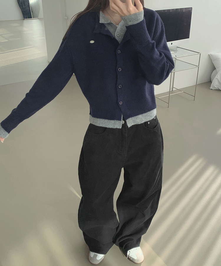 울 펜던트 고퀄 배색 레이어드 가디건 네이비