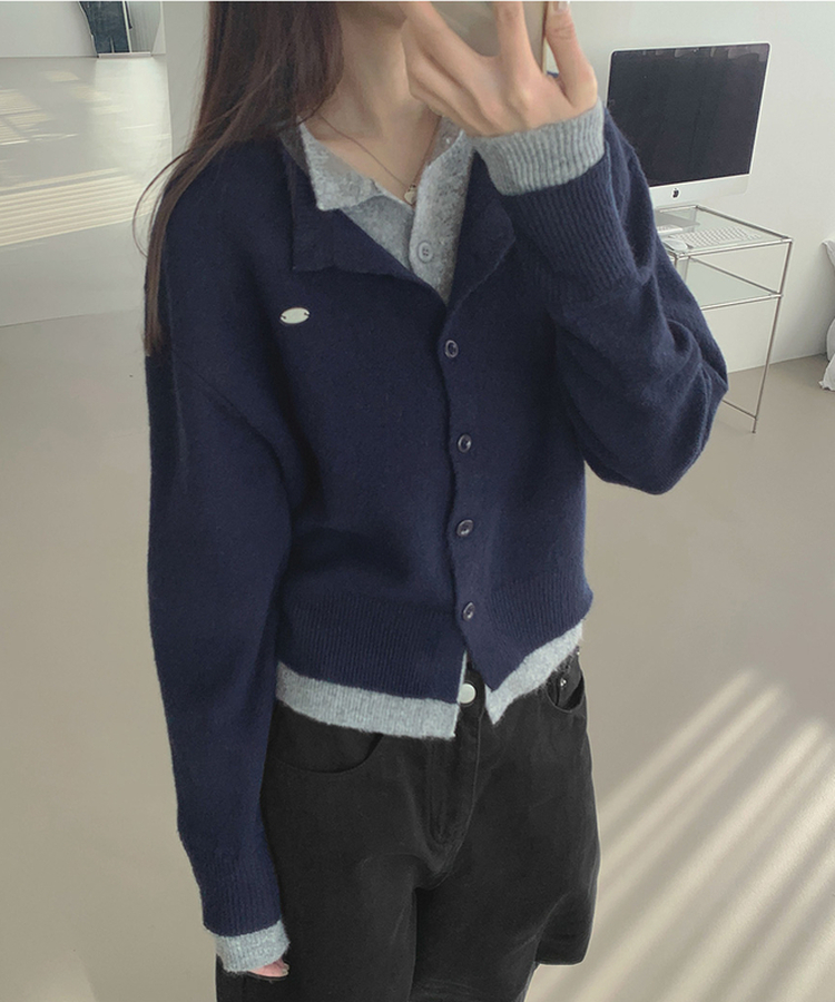 울 펜던트 고퀄 배색 레이어드 가디건 네이비