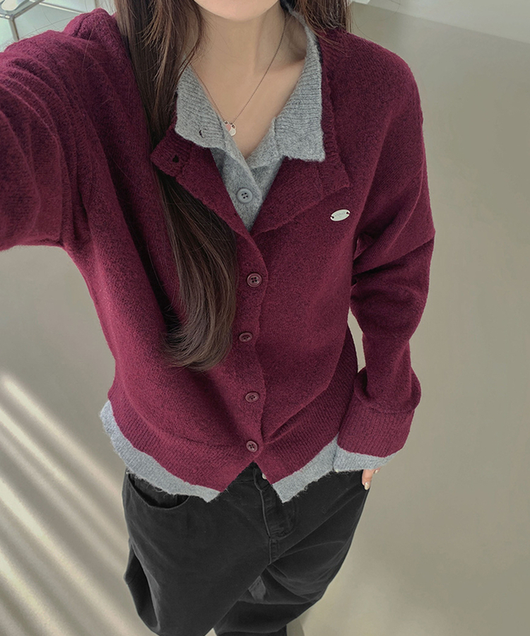 울 펜던트 고퀄 배색 레이어드 가디건 버건디