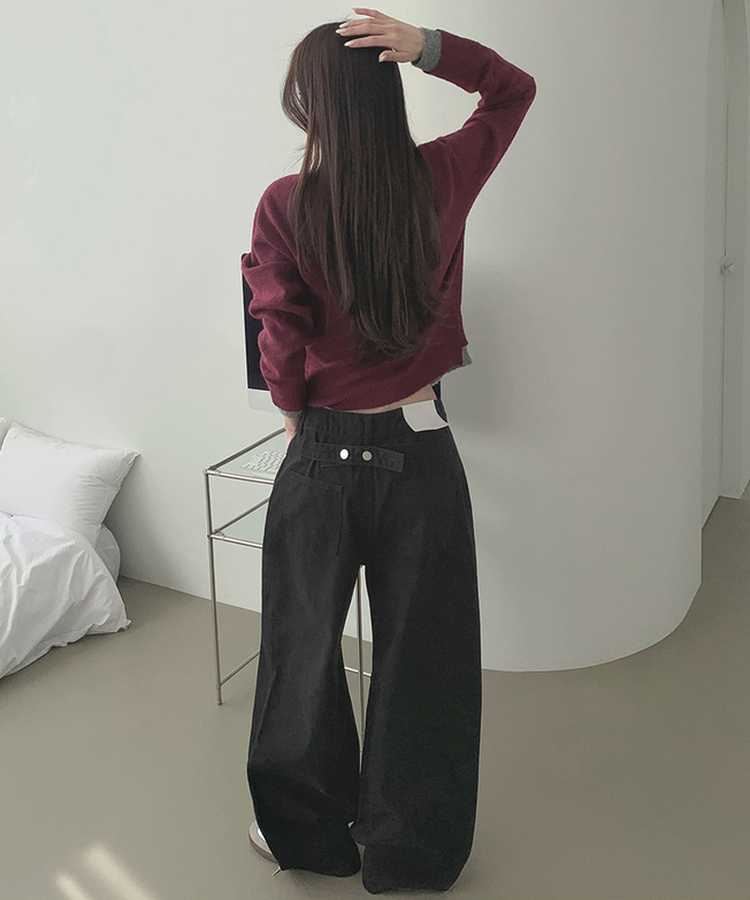 울 펜던트 고퀄 배색 레이어드 가디건 버건디