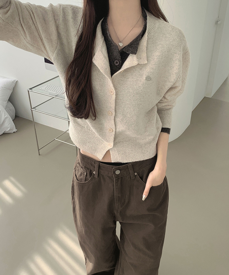 울 펜던트 고퀄 배색 레이어드 가디건 연베이지