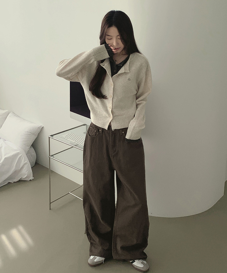 울 펜던트 고퀄 배색 레이어드 가디건 연베이지