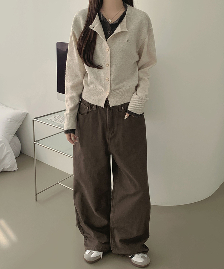 울 펜던트 고퀄 배색 레이어드 가디건 연베이지