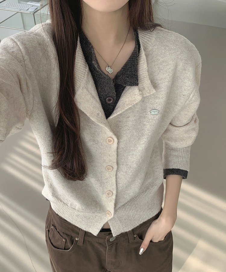 울 펜던트 고퀄 배색 레이어드 가디건 연베이지