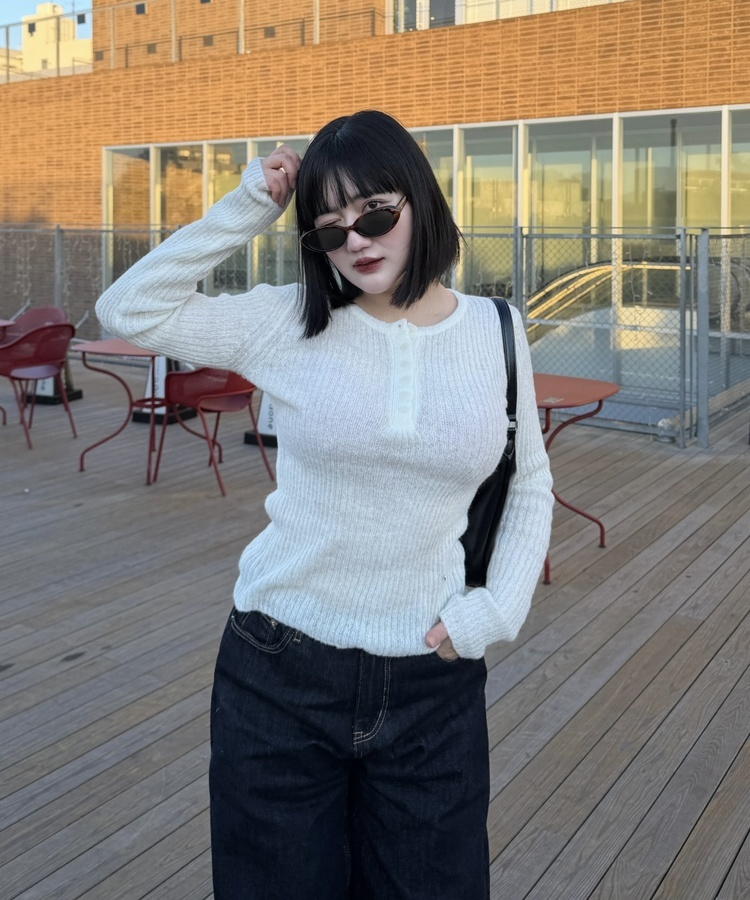 슬립 단추 울 골지 버튼 슬림 긴팔티셔츠 아이보리