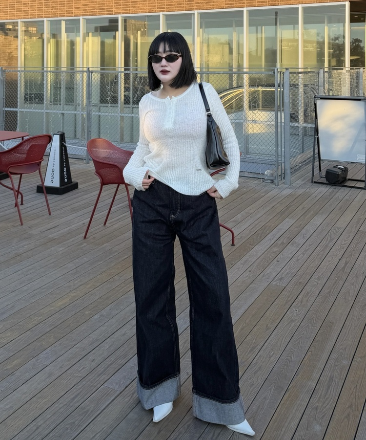 슬립 단추 울 골지 버튼 슬림 긴팔티셔츠 아이보리