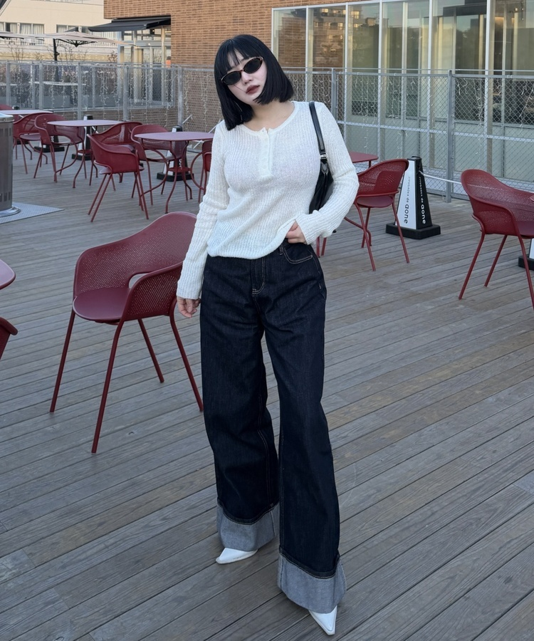 슬립 단추 울 골지 버튼 슬림 긴팔티셔츠 아이보리