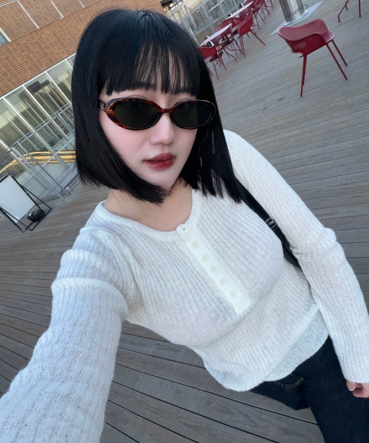 슬립 단추 울 골지 버튼 슬림 긴팔티셔츠 아이보리