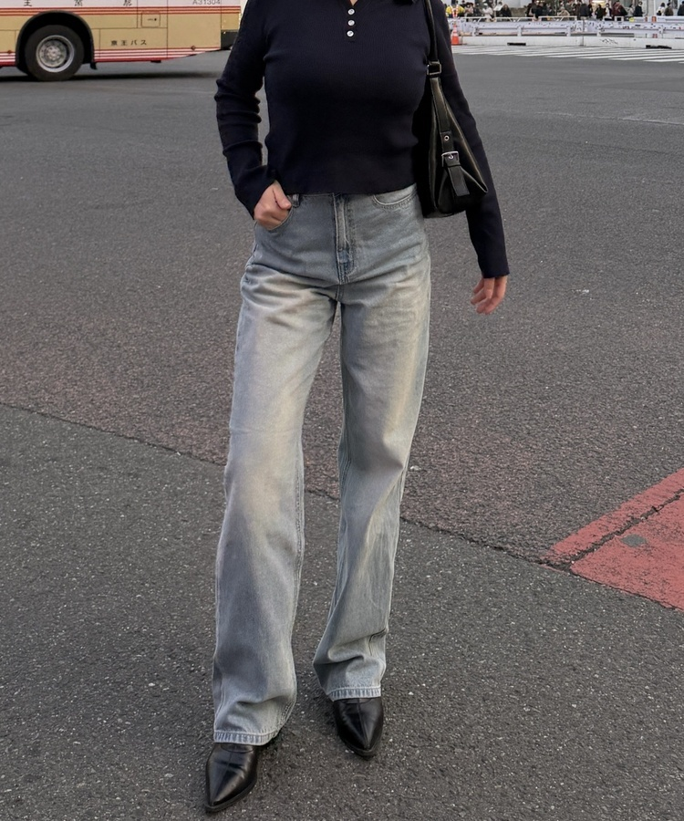 레트로 연청 와이드 일자 데님 팬츠 중청