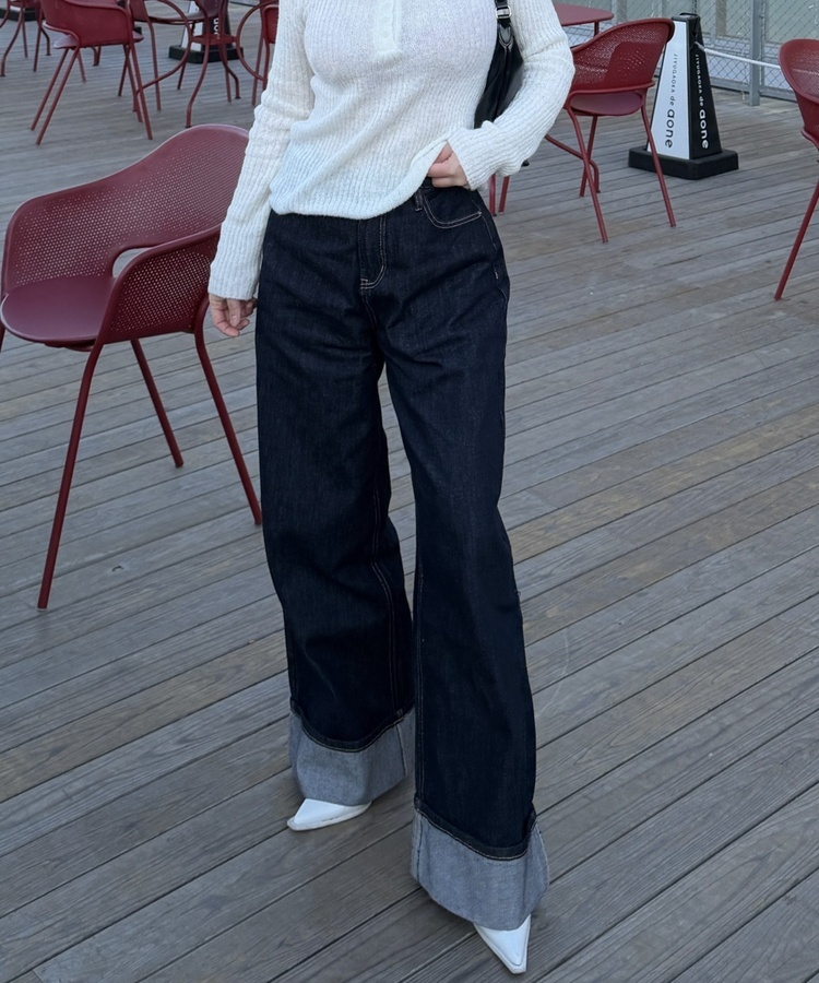 콜드 롤업 생지 와이드 팬츠 진청생지