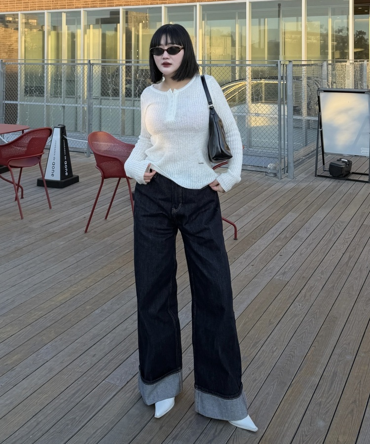 콜드 롤업 생지 와이드 팬츠 진청생지