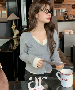 （一体型／レイヤードツートーン♥）   ペンダント レイヤード 配色 ニットカーディガン   GRAY