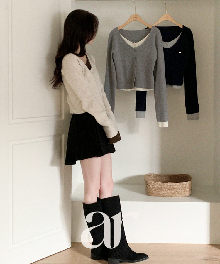 （一体型／レイヤードツートーン♥）   ペンダント レイヤード 配色 ニットカーディガン   LIGHTBEIGE