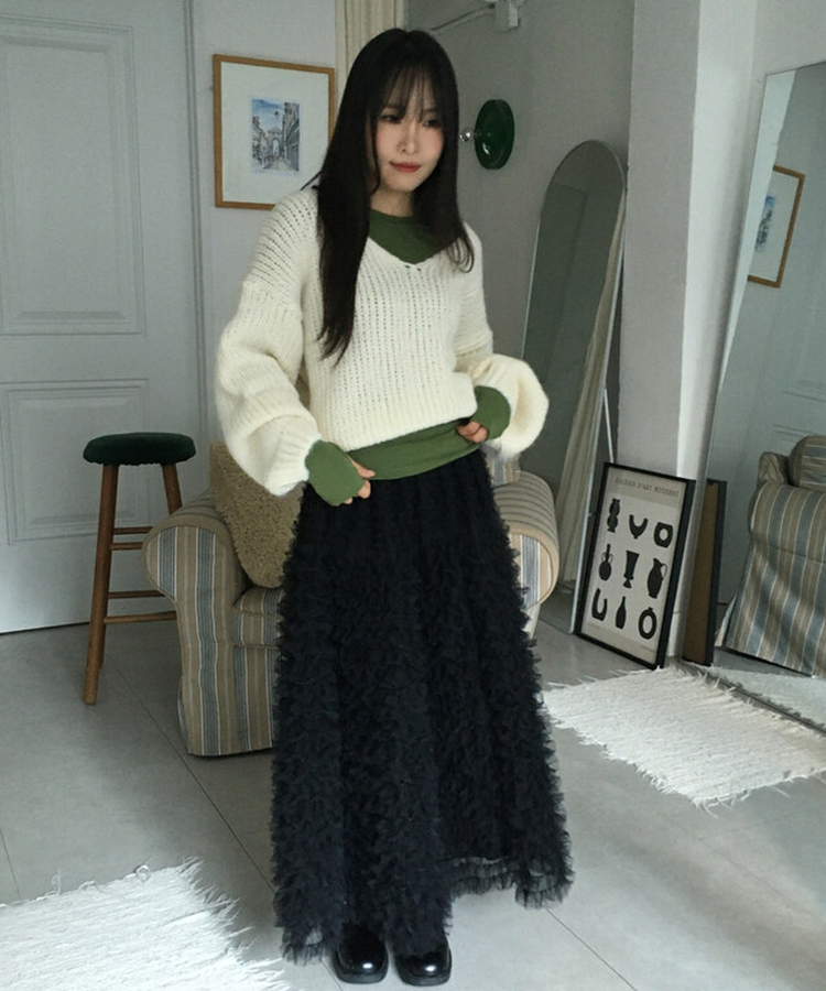 シースルーティアードレースロングスカート BLACK