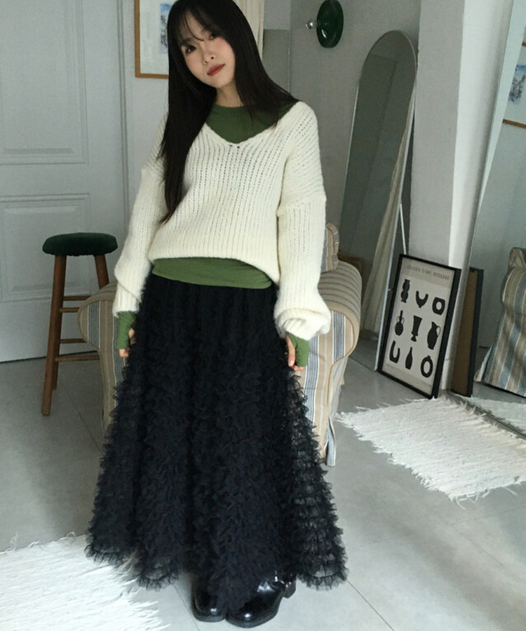 シースルーティアードレースロングスカート BLACK