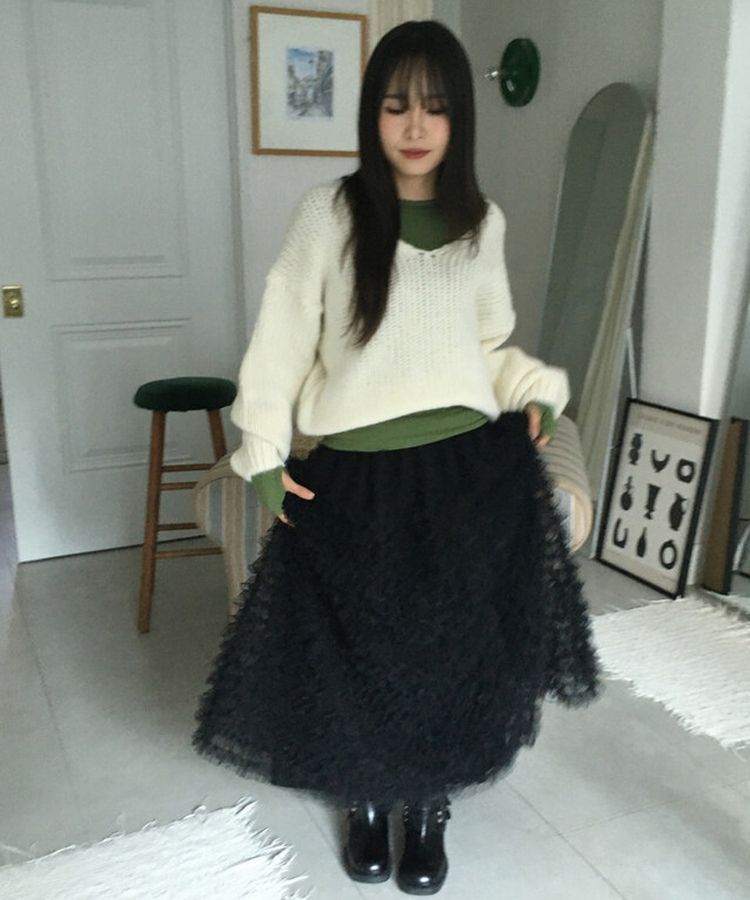 シースルーティアードレースロングスカート BLACK