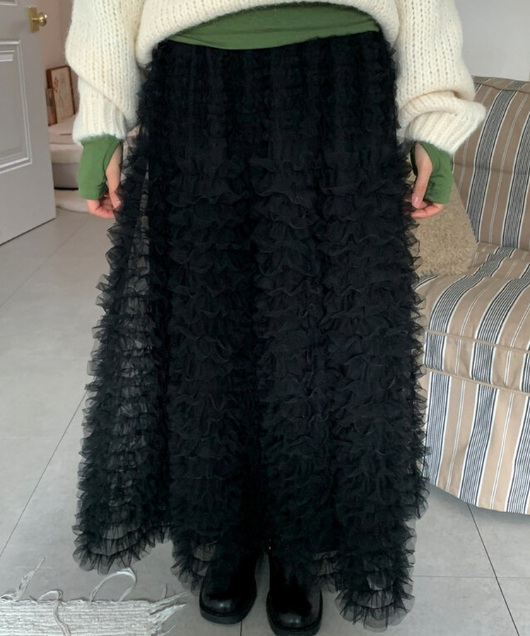 シースルーティアードレースロングスカート BLACK