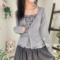 끈조절 빈티지 여리핏 프릴 캉캉 리본 도트 레이어드 나시 가디건 세트 그레이