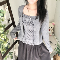 끈조절 빈티지 여리핏 프릴 캉캉 리본 도트 레이어드 나시 가디건 세트 그레이