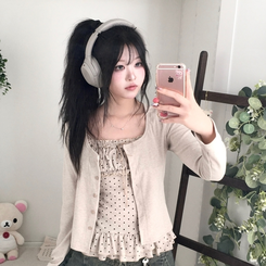 끈조절 빈티지 여리핏 프릴 캉캉 리본 도트 레이어드 나시 가디건 세트 베이지