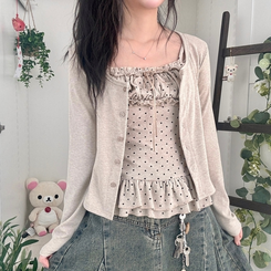 끈조절 빈티지 여리핏 프릴 캉캉 리본 도트 레이어드 나시 가디건 세트 베이지