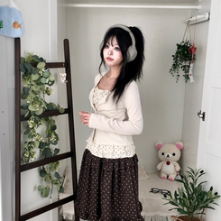 끈조절 빈티지 여리핏 프릴 캉캉 리본 도트 레이어드 나시 가디건 세트 아이보리