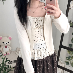 끈조절 빈티지 여리핏 프릴 캉캉 리본 도트 레이어드 나시 가디건 세트 아이보리