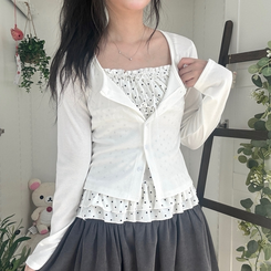 끈조절 빈티지 여리핏 프릴 캉캉 리본 도트 레이어드 나시 가디건 세트 화이트